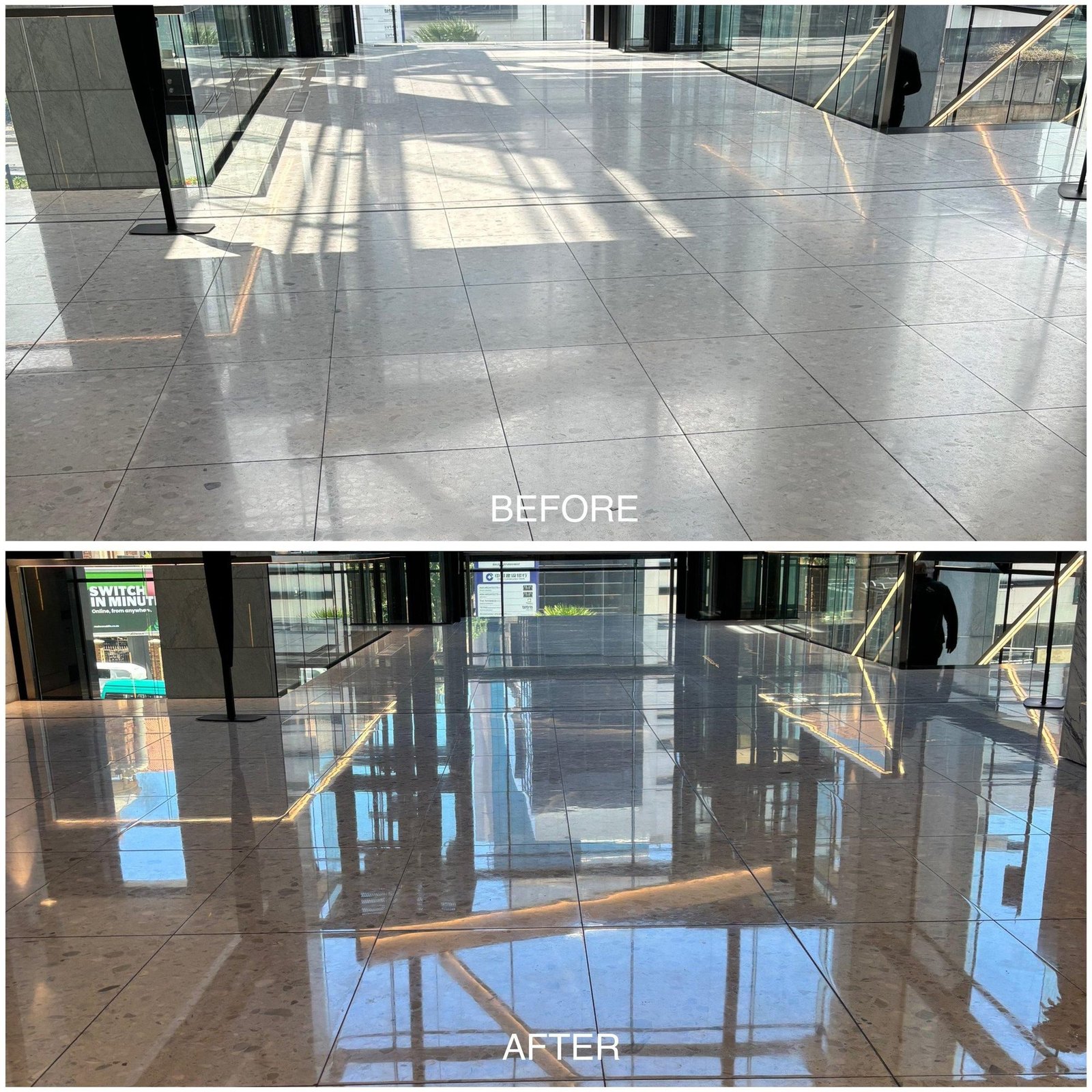 Before and after of a large commercial terrazzo lobby floor, dull above and mirror-polished below after restoration