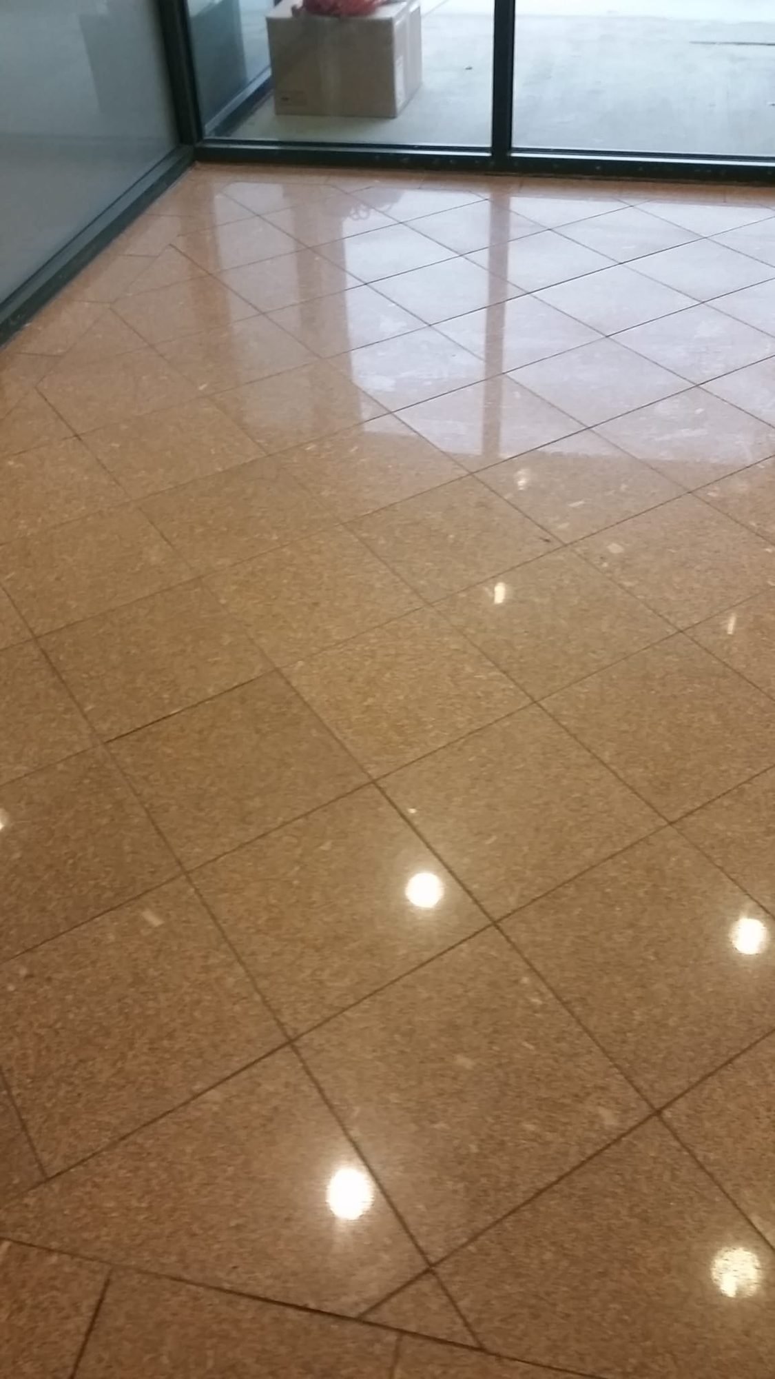 Polished speckled golden granite floor in a commercial entrance reflecting daylight